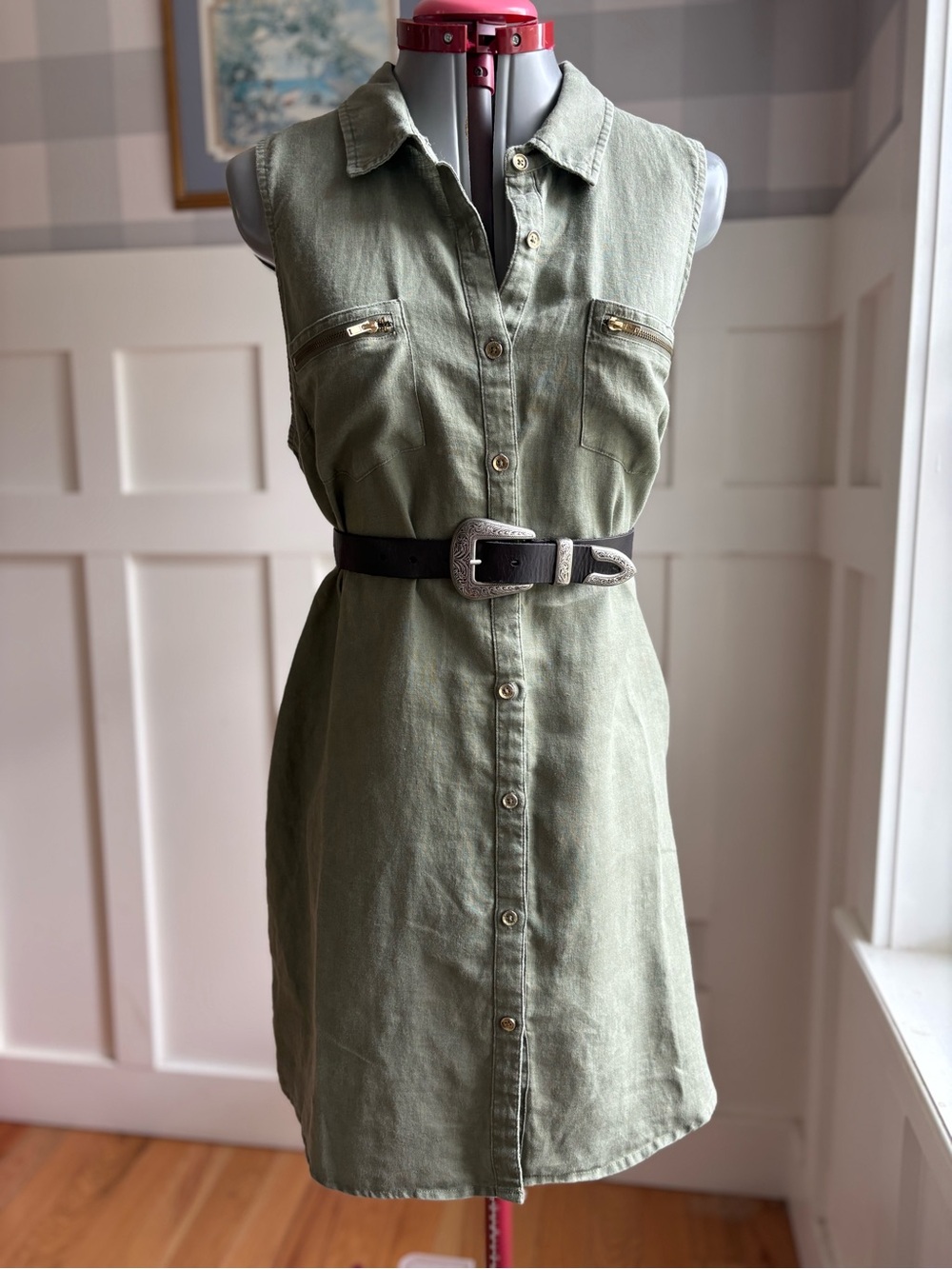 Guess Olive Green Sleeveless Button-Front Shirt Dress Western Large